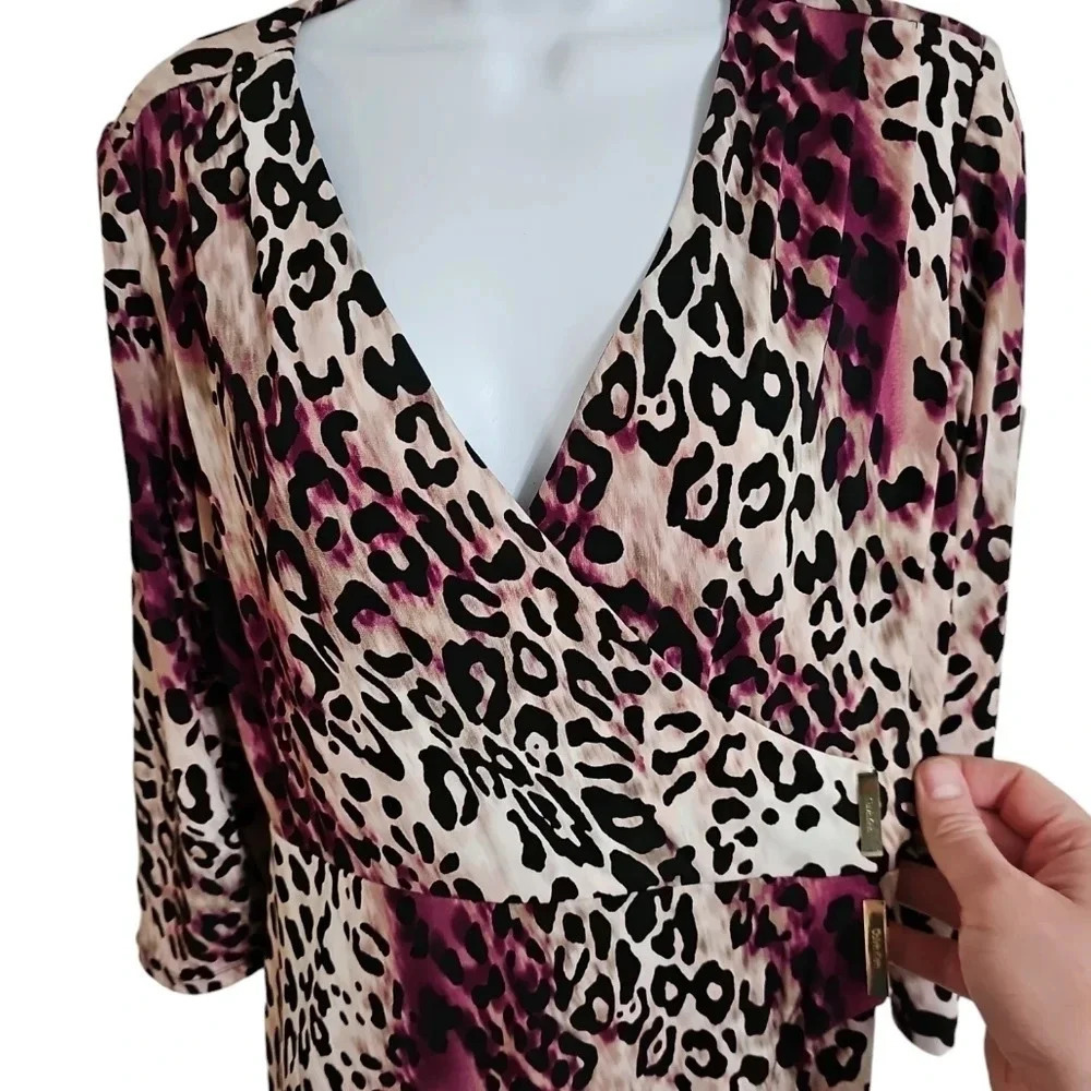 Calvin Klein Womens 6 Leopard Wrap Dress Purple Black Cocktail Party Y2K Luxury - Picture 3 of 8
